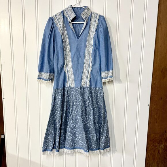 70s Vintage Dress Collared Neck Blue & White Laced Peplum Mini Long Handmade - Picture 12 of 12